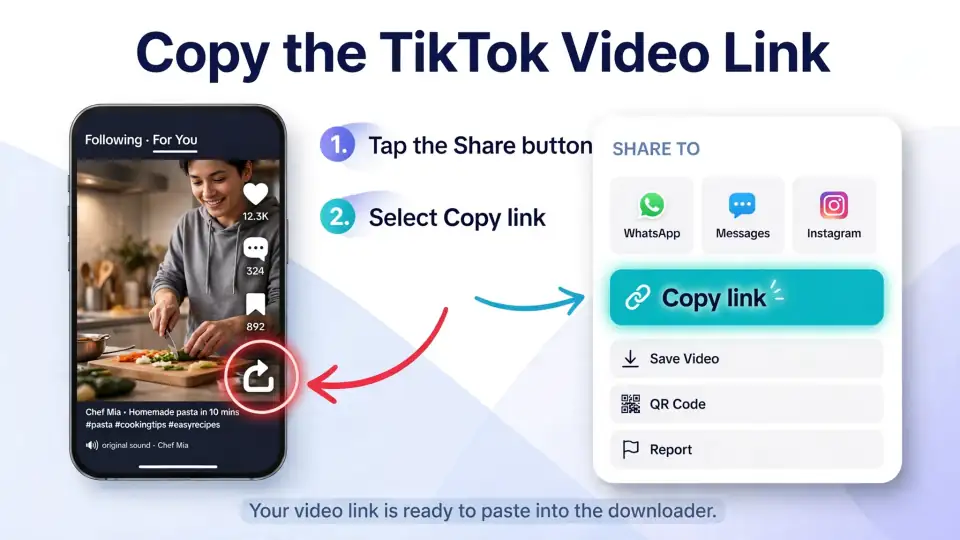 Layar TikTok dengan tombol Bagikan dan pilihan Salin tautan
